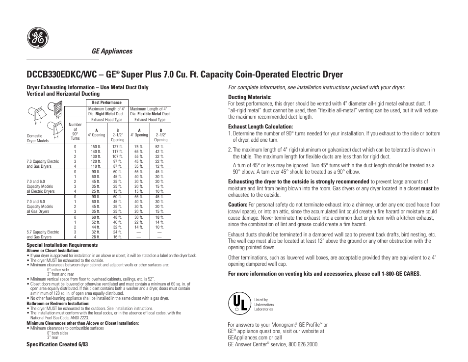 Dccb330edkc/wc – ge, Ge appliances | GE DCCB330EDKC User Manual | Page 2 / 3