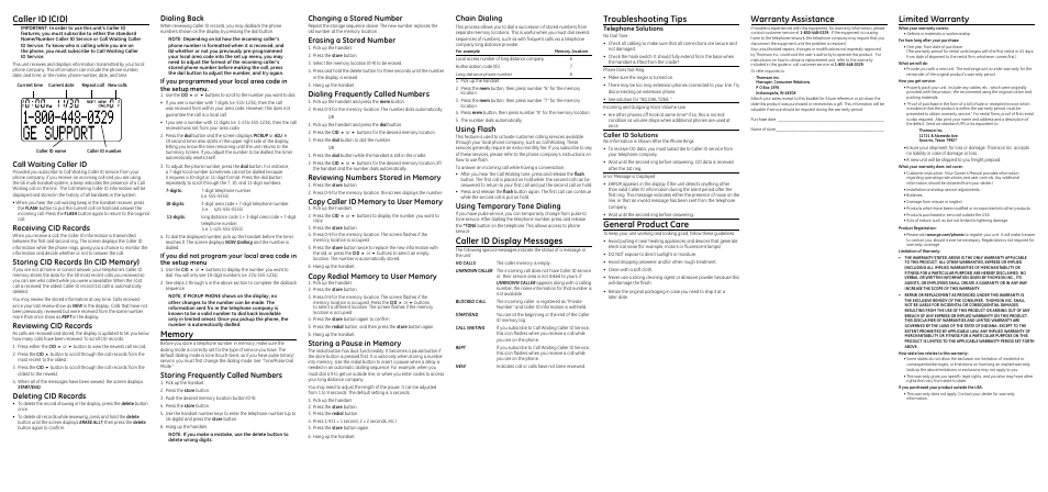 Caller id display messages, Troubleshooting tips, General product care | Warranty assistance, Limited warranty, Caller id (cid), Dialing back, Storing frequently called numbers, Chain dialing, Using flash | GE BedroomPhone 00023810 User Manual | Page 2 / 2