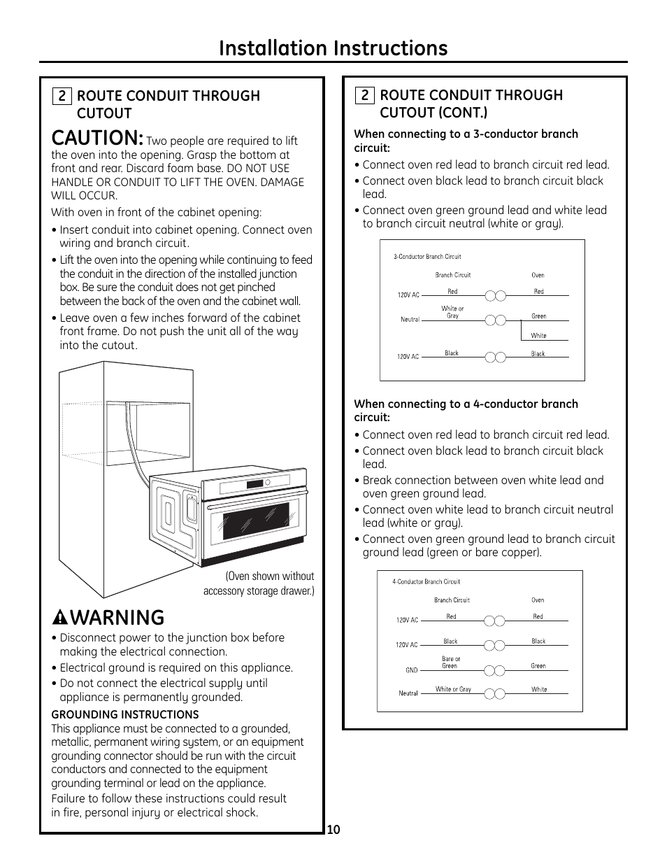 Step 2, route conduit, Installation instructions, Caution | Warning | GE Advantium ZSC2202 User Manual | Page 10 / 16
