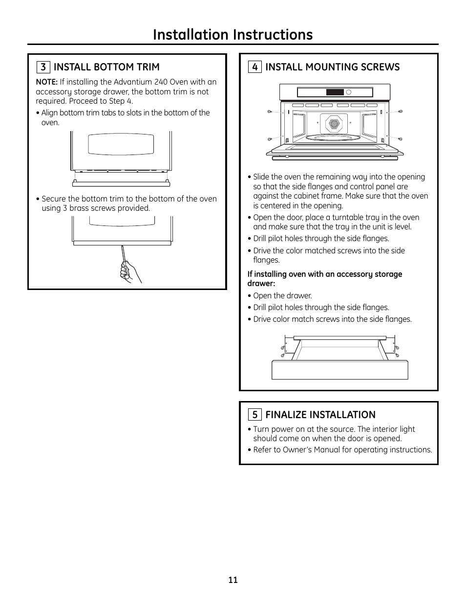 Step 3, install bottom trim, Step 4, install mounting screws, Step 5, finalize installation | Installation instructions | GE Advantium ZSC2202 User Manual | Page 11 / 16