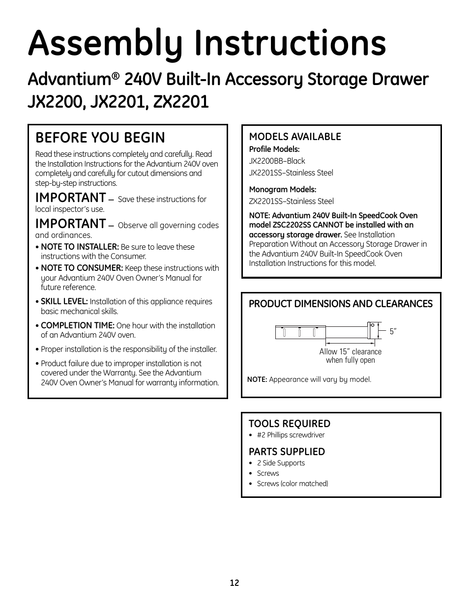 Assembly instructions, Advantium, Before you begin | Important | GE Advantium ZSC2202 User Manual | Page 12 / 16