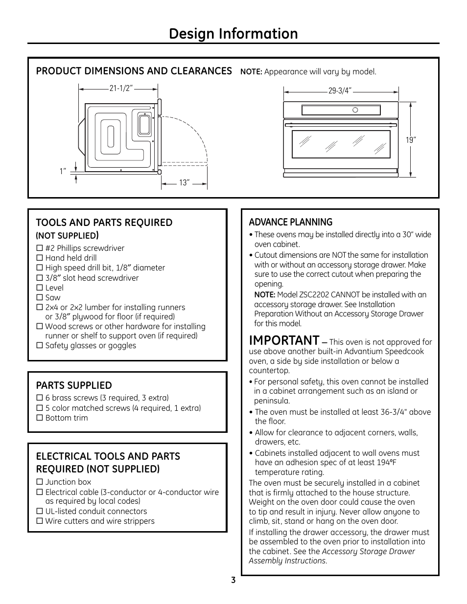 Product dimensions and clearances, Tools and parts required, Parts supplied | Electrical tools and parts required, Advance planning, Design information, Important, Electrical tools and parts required (not supplied) | GE Advantium ZSC2202 User Manual | Page 3 / 16