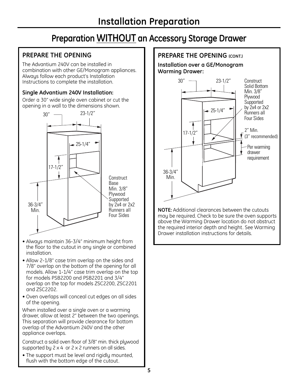 Preparing the opening (installation without, An accessory storage drawer) -6, Without | Installation preparation preparation, An accessory storage drawer | GE Advantium ZSC2202 User Manual | Page 5 / 16