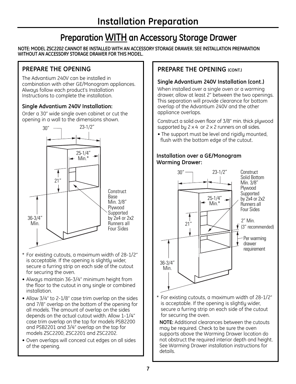 Preparing the opening (installation with, An accessory storage drawer) -8, With | Installation preparation preparation, An accessory storage drawer | GE Advantium ZSC2202 User Manual | Page 7 / 16