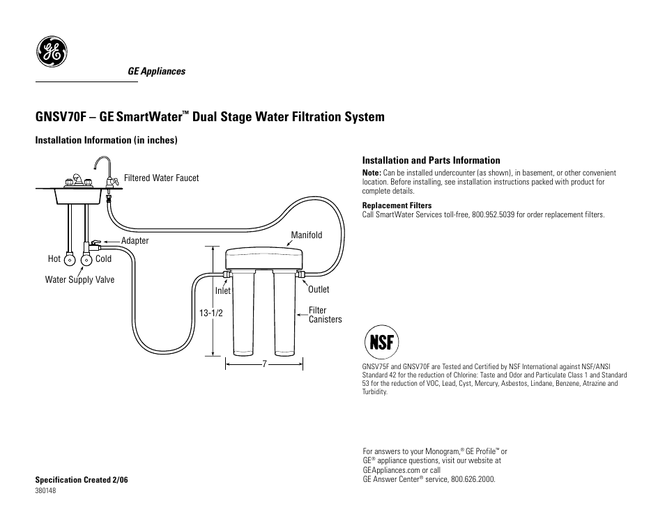 GE GNSV70F User Manual | 2 pages