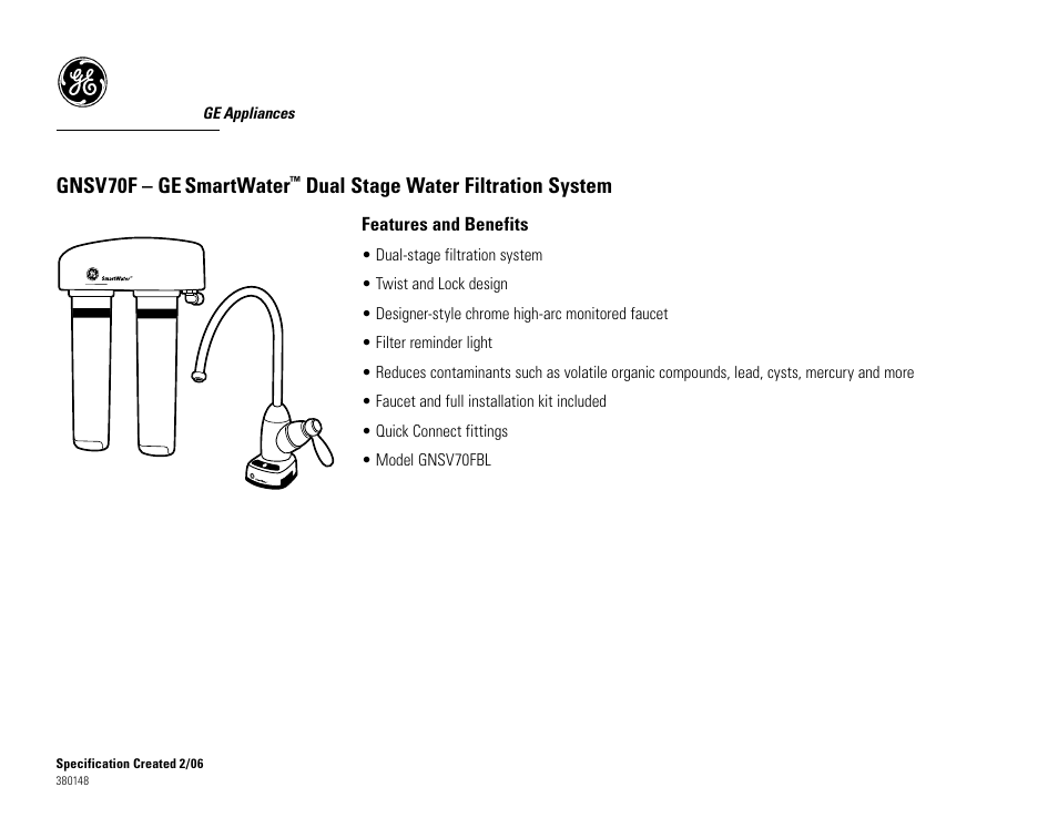 Gnsv70f – ge, Smartwater, Dual stage water filtration system | GE GNSV70F User Manual | Page 2 / 2