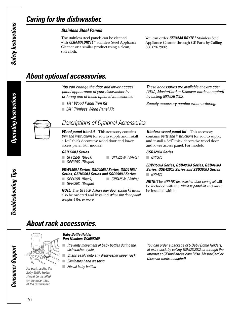 Optional accessories, About optional accessories, About rack accessories | Caring for the dishwasher, Descriptions of optional accessories | GE EDW1500J User Manual | Page 10 / 16