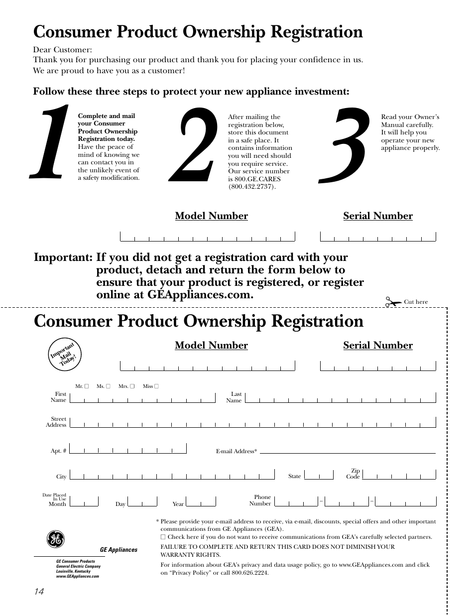 Consumer product ownership registration, Model number serial number | GE EDW1500J User Manual | Page 14 / 16