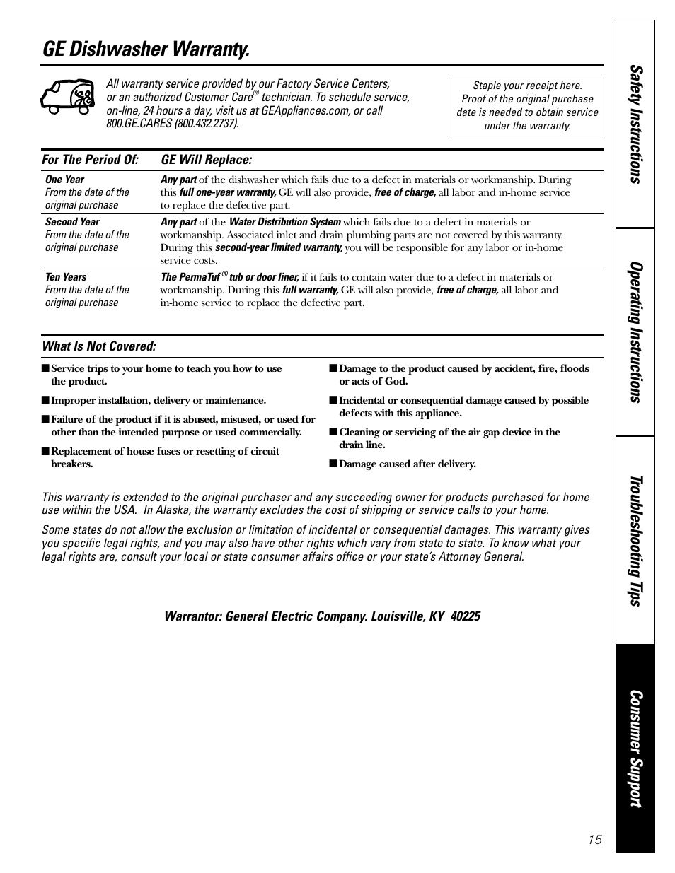 Warranty, Ge dishwasher warranty | GE EDW1500J User Manual | Page 15 / 16