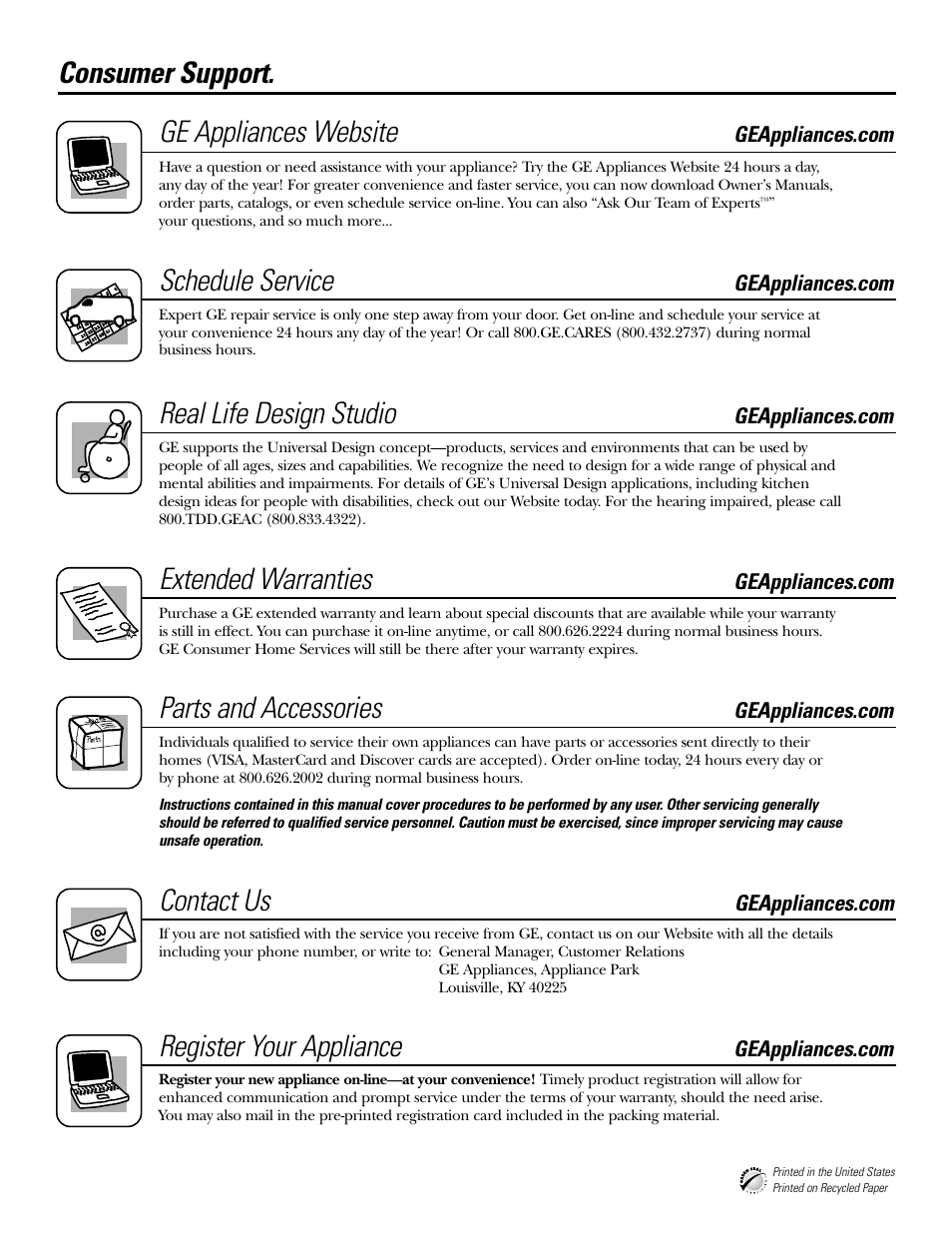 Consumer support, Consumer support . . . . . back cover, Consumer support. ge appliances website | Schedule service, Real life design studio, Extended warranties, Parts and accessories, Contact us, Register your appliance | GE EDW1500J User Manual | Page 16 / 16