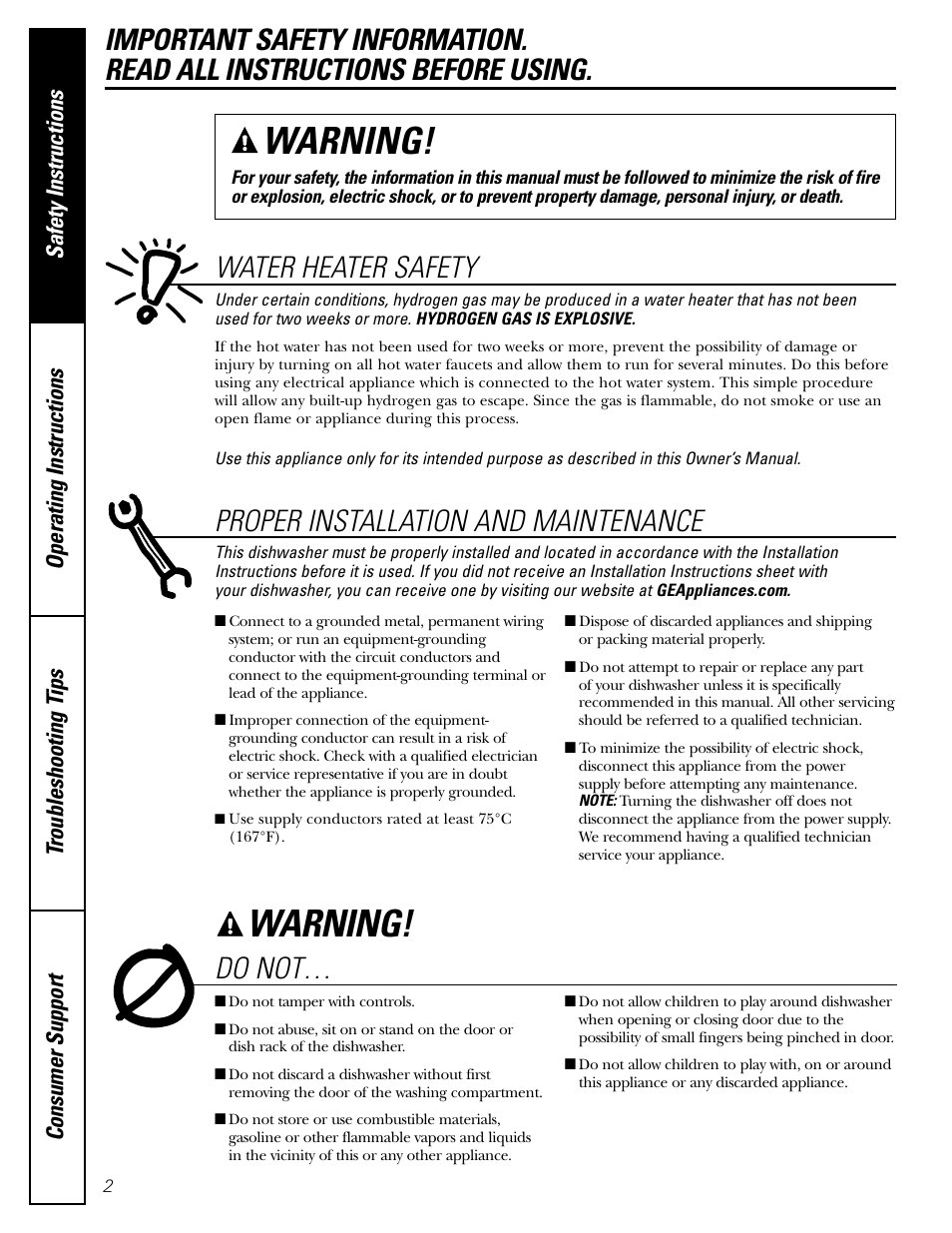 Safety instructions, Warning, Do not | Water heater safety, Proper installation and maintenance | GE EDW1500J User Manual | Page 2 / 16