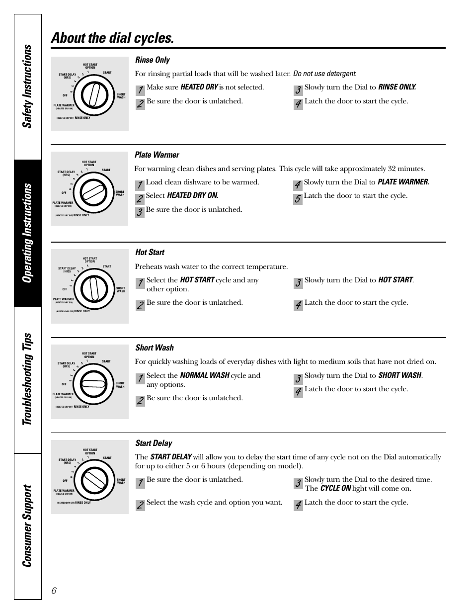 Dial cycles, About the dial cycles, Rinse only | Short wash, Plate warmer, Start delay, Hot start | GE EDW1500J User Manual | Page 6 / 16