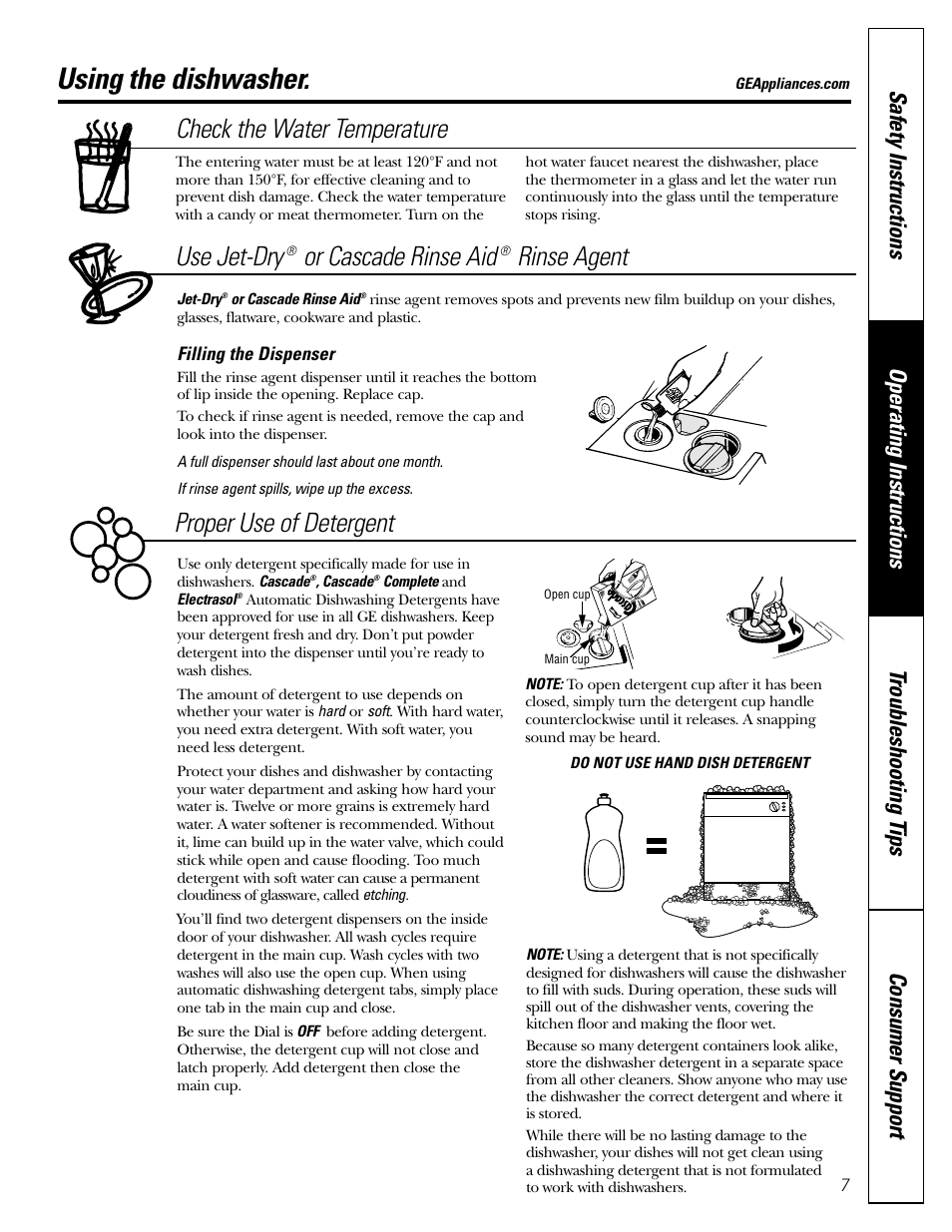 Using the dishwasher, Using the dishwasher , 8, Check the water temperature | Use jet-dry, Or cascade rinse aid, Rinse agent proper use of detergent | GE EDW1500J User Manual | Page 7 / 16