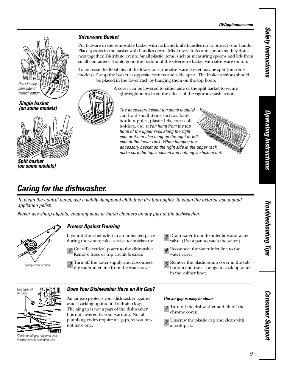 Care and cleaning, Caring for the dishwasher | GE EDW1500J User Manual | Page 9 / 16