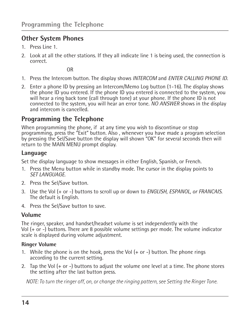 14 other system phones, Programming the telephone | GE 25424 User Manual | Page 14 / 88