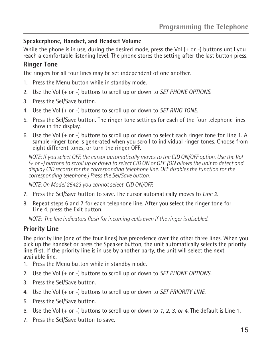 15 programming the telephone | GE 25424 User Manual | Page 15 / 88