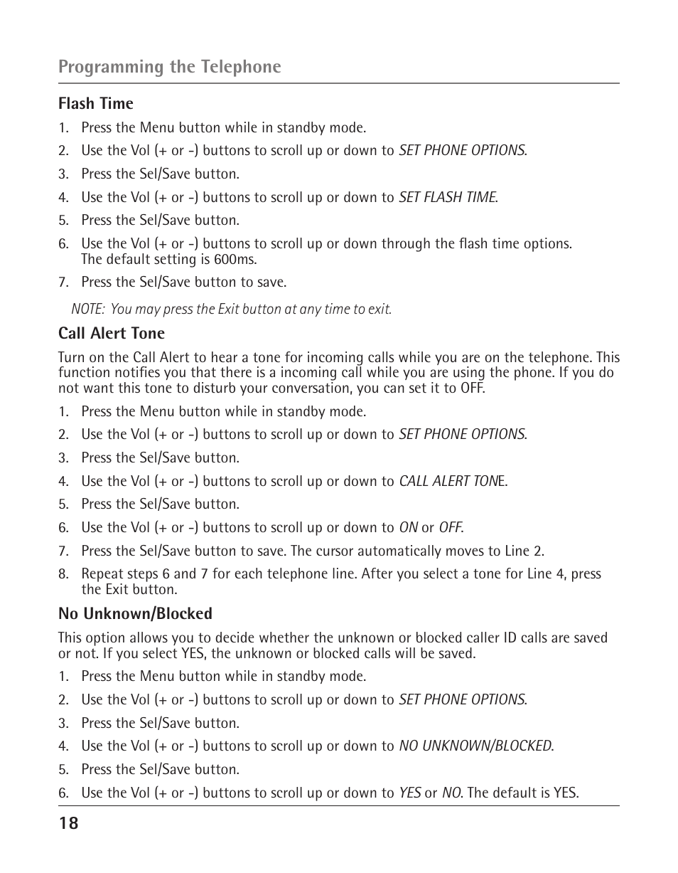 Programming the telephone | GE 25424 User Manual | Page 18 / 88