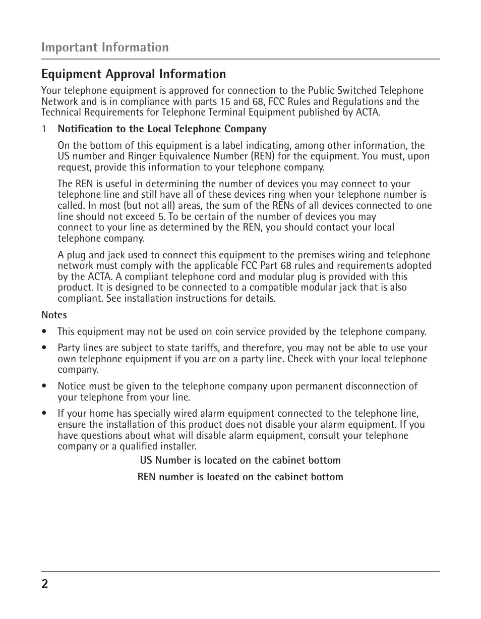 2equipment approval information, Important information | GE 25424 User Manual | Page 2 / 88