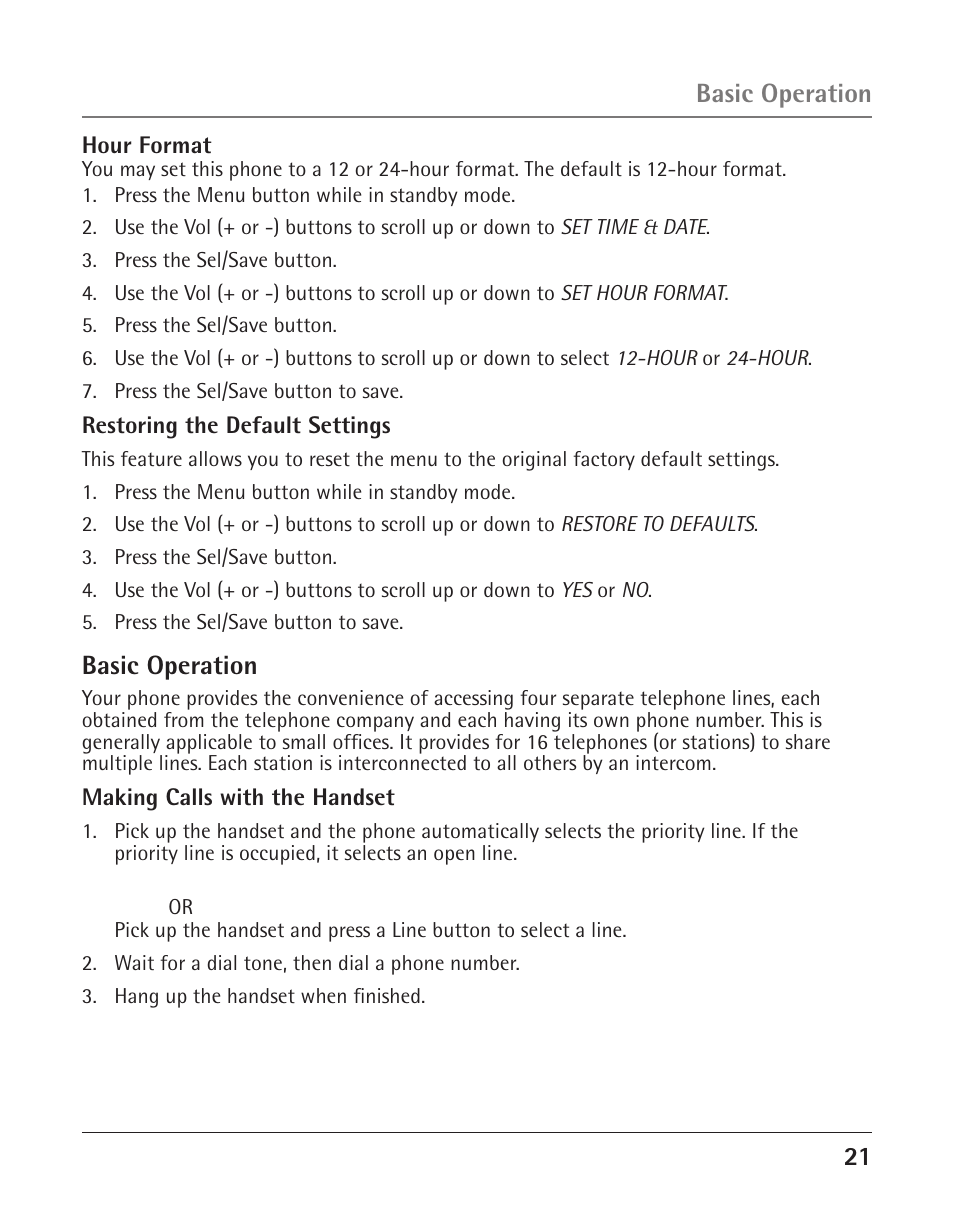 21 basic operation, Basic operation | GE 25424 User Manual | Page 21 / 88