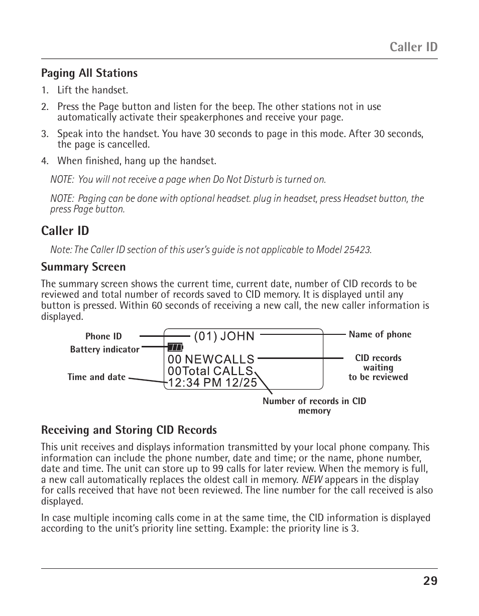 Caller id | GE 25424 User Manual | Page 29 / 88
