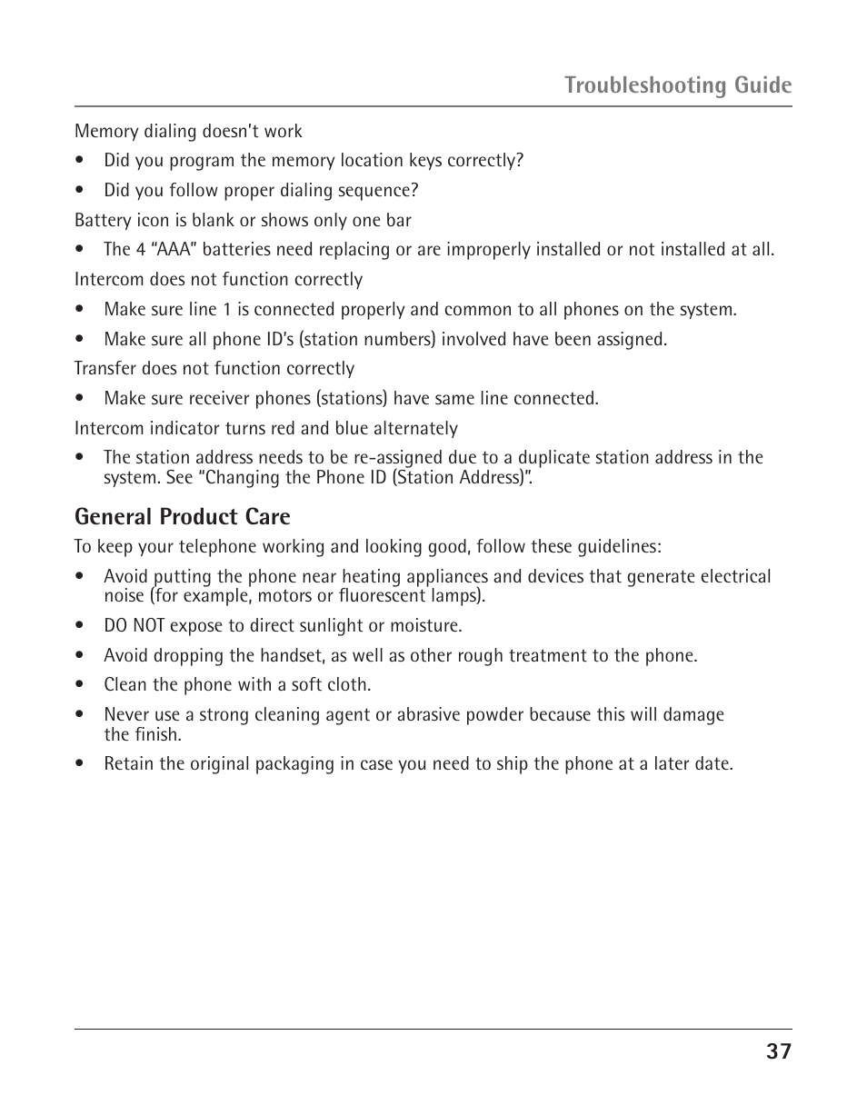 General product care, Troubleshooting guide | GE 25424 User Manual | Page 37 / 88