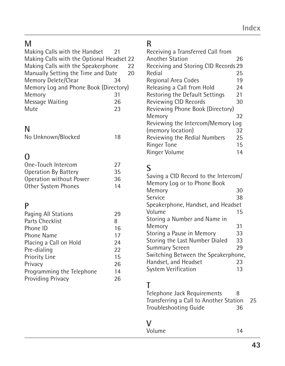 Index | GE 25424 User Manual | Page 43 / 88