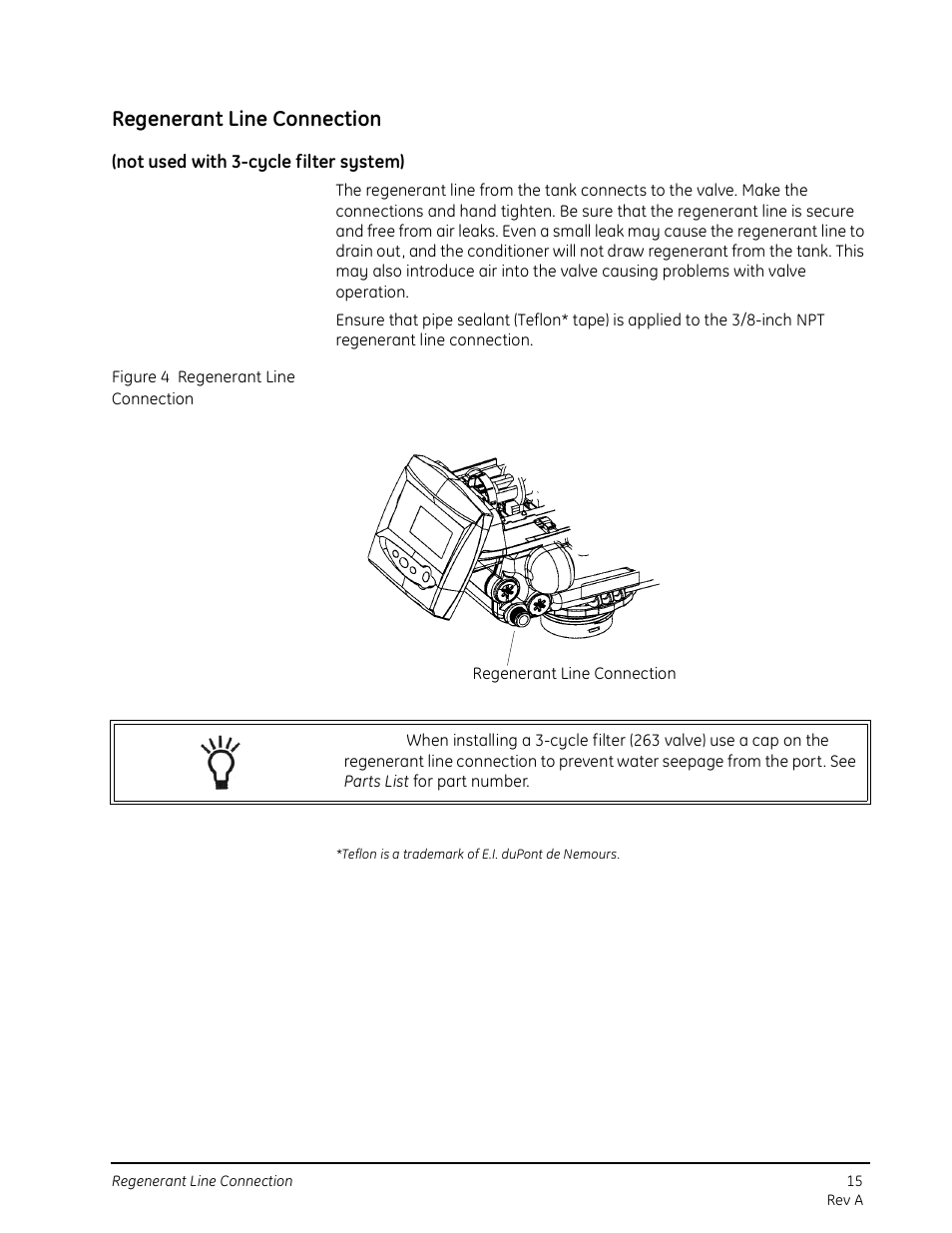 Regenerant line connection, Not used with 3-cycle filter system) | GE 263 User Manual | Page 15 / 44