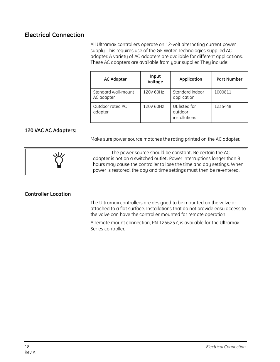 Electrical connection, 120 vac ac adapters, Controller location | GE 263 User Manual | Page 18 / 44