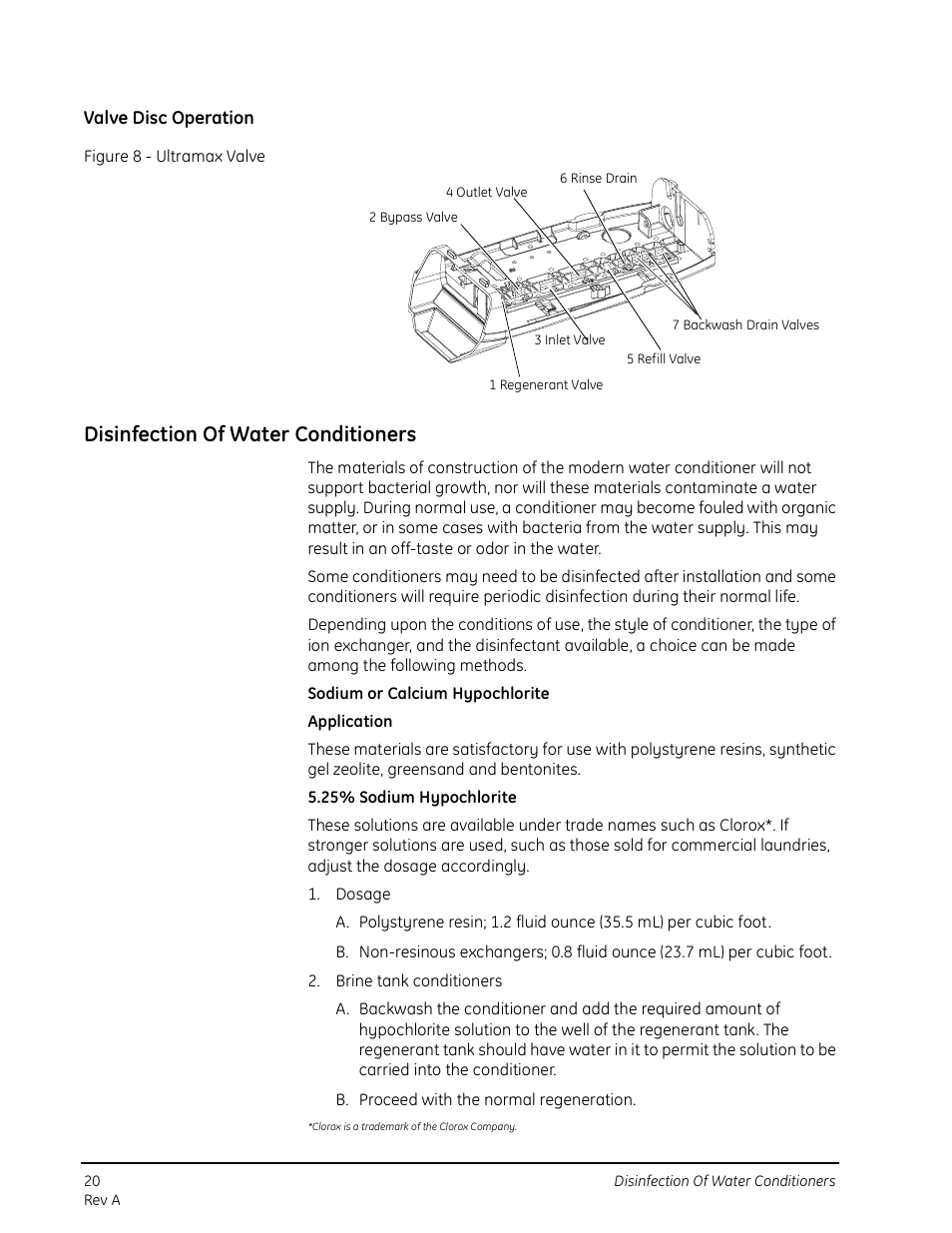 Valve disc operation, Disinfection of water conditioners | GE 263 User Manual | Page 20 / 44