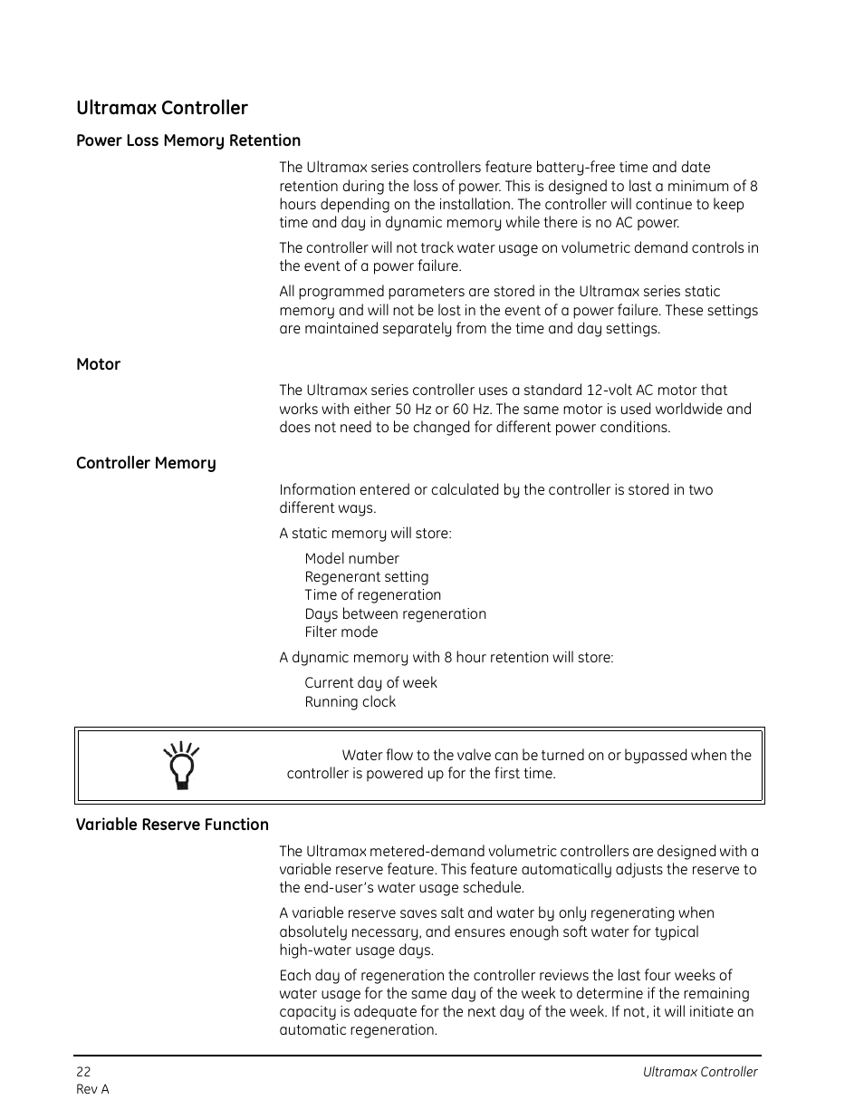 Ultramax controller, Power loss memory retention, Motor | Controller memory, Variable reserve function | GE 263 User Manual | Page 22 / 44