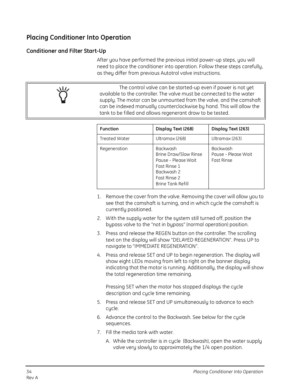 Placing conditioner into operation, Conditioner and filter start-up | GE 263 User Manual | Page 34 / 44