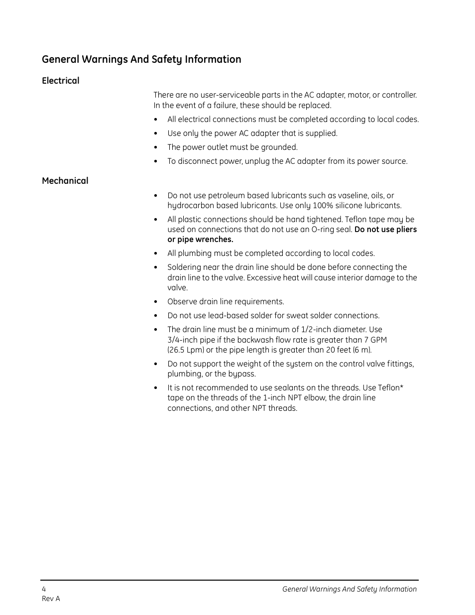 General warnings and safety information, Electrical, Mechanical | GE 263 User Manual | Page 4 / 44