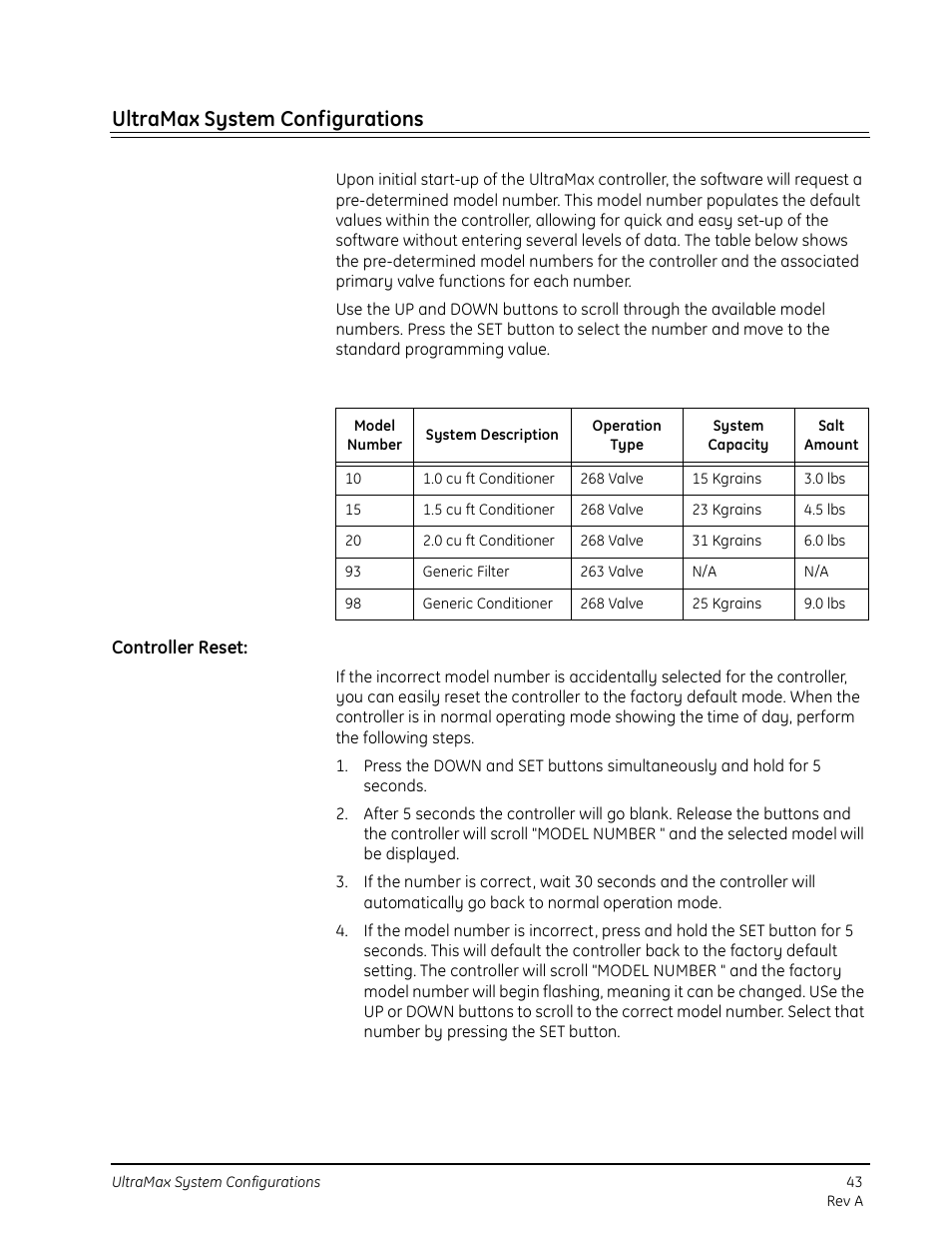 Ultramax system configurations, Controller reset | GE 263 User Manual | Page 43 / 44