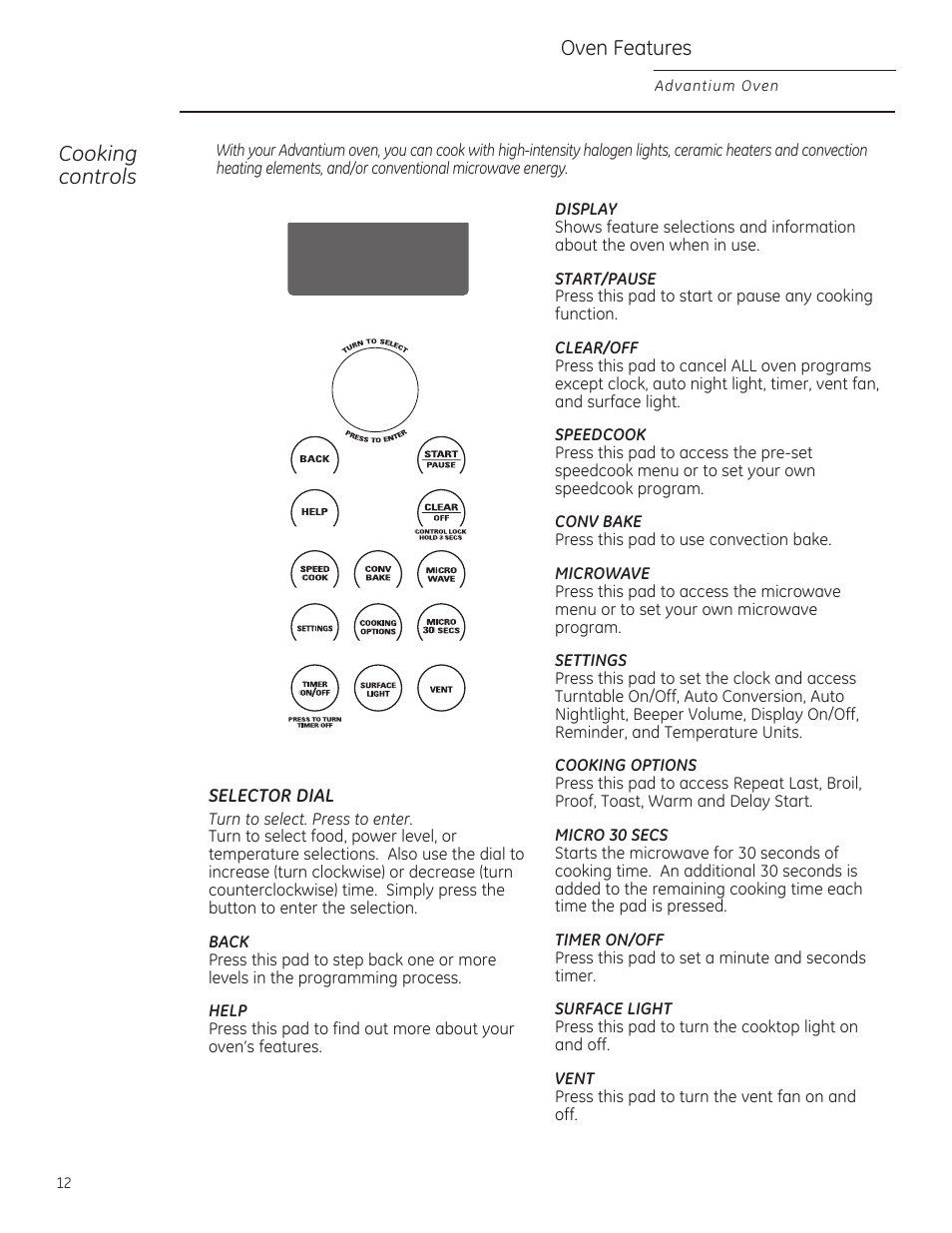 Cooking controls, Oven features, Selector dial | GE ZSA2201 User Manual | Page 12 / 80