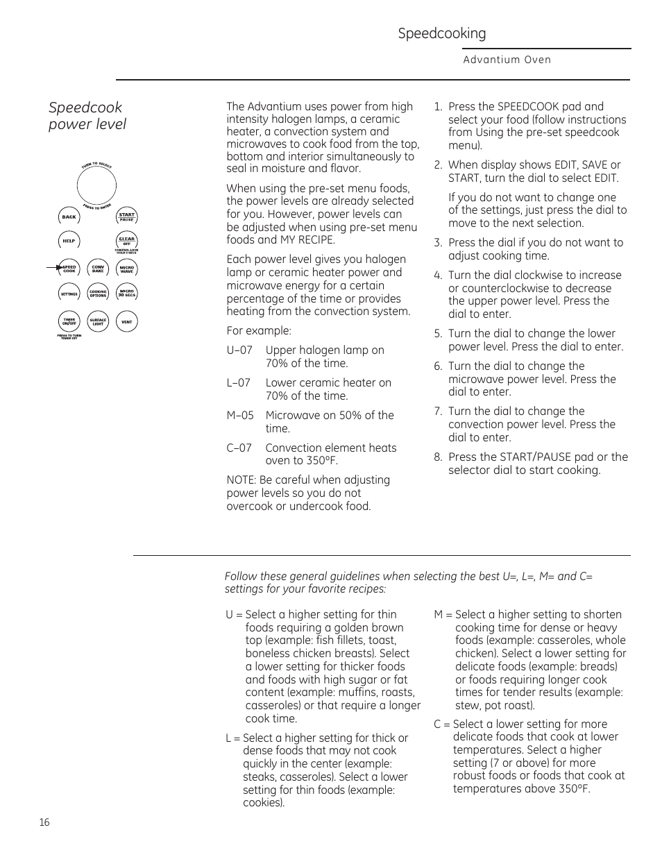 Speedcooking speedcook power level | GE ZSA2201 User Manual | Page 16 / 80