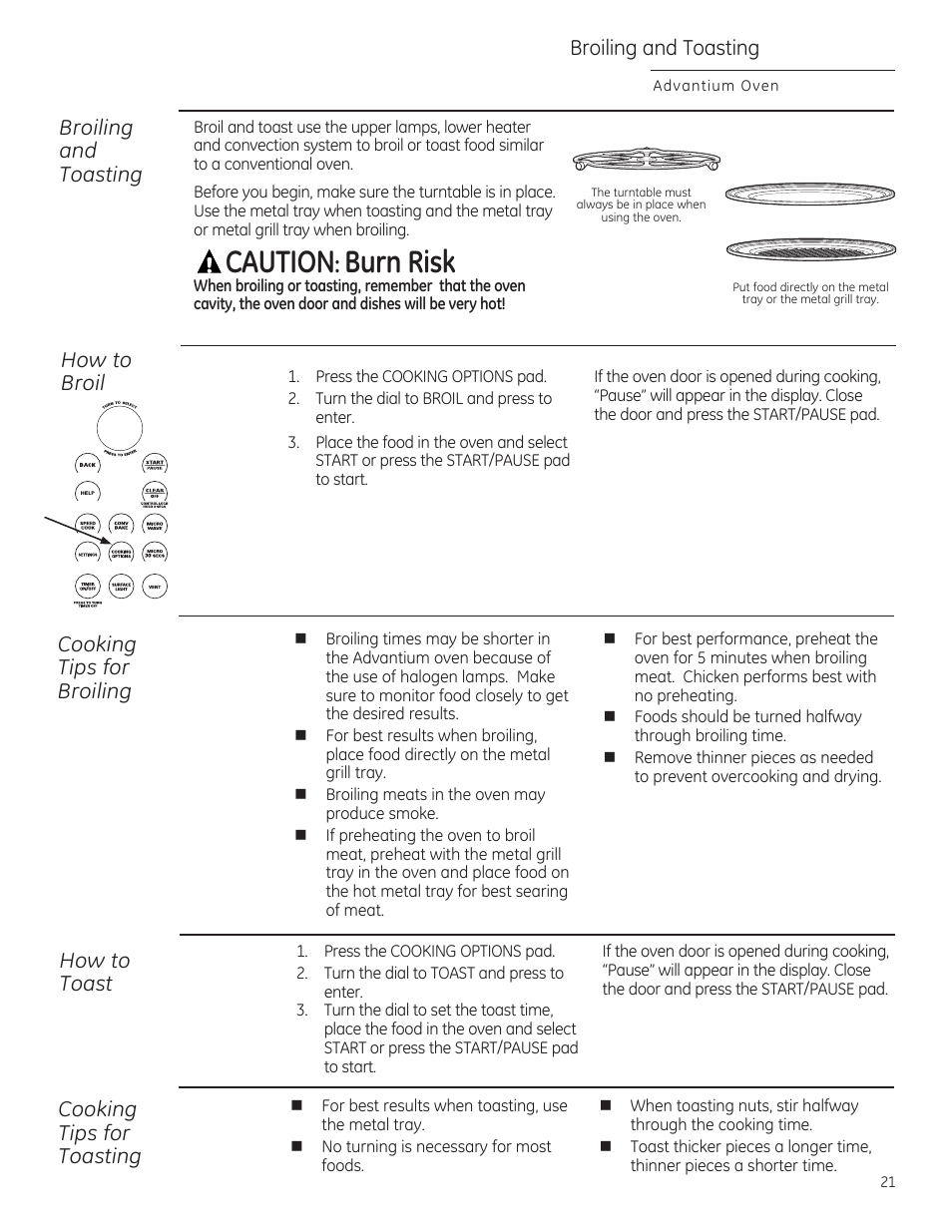 Caution, Burn risk, Broiling and toasting | How to broil broiling and toasting, Cooking tips for broiling, Cooking tips for toasting how to toast | GE ZSA2201 User Manual | Page 21 / 80