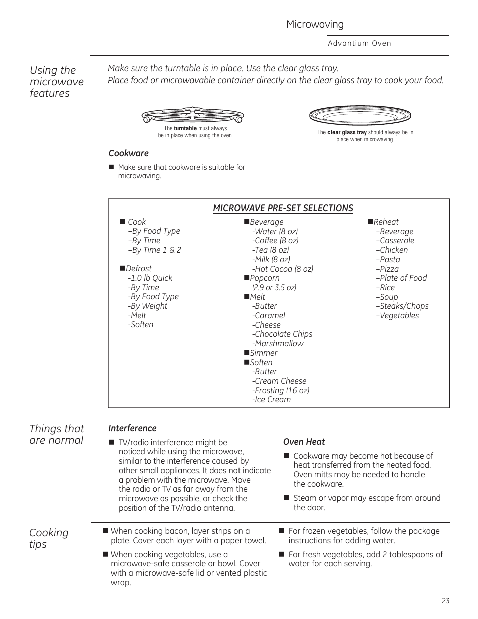 Microwaving, Using the microwave features, Things that are normal | Cooking tips | GE ZSA2201 User Manual | Page 23 / 80