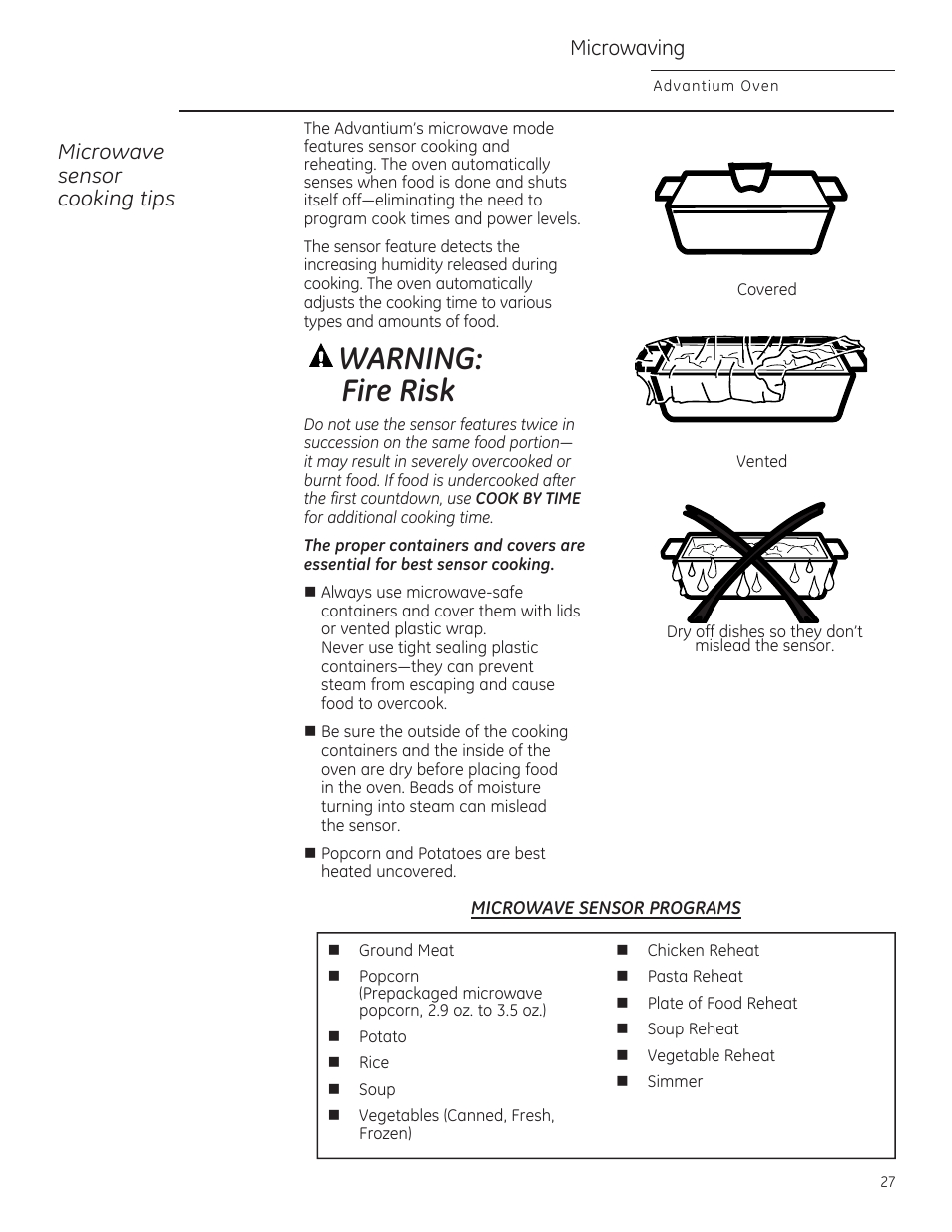 Warning: fire risk, Microwaving, Microwave sensor cooking tips | GE ZSA2201 User Manual | Page 27 / 80