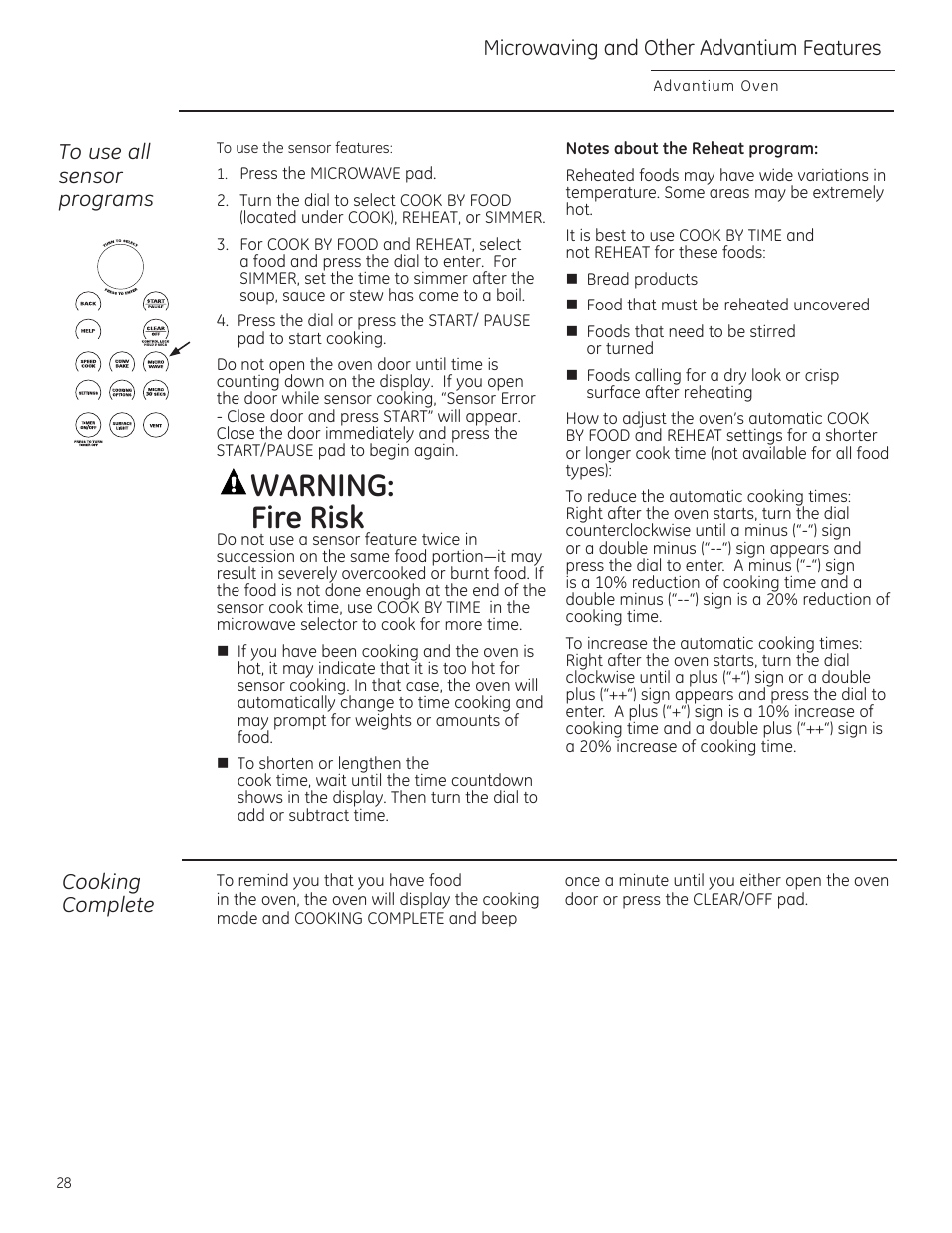 Warning: fire risk, Cooking complete, Press the microwave pad. 2 | GE ZSA2201 User Manual | Page 28 / 80