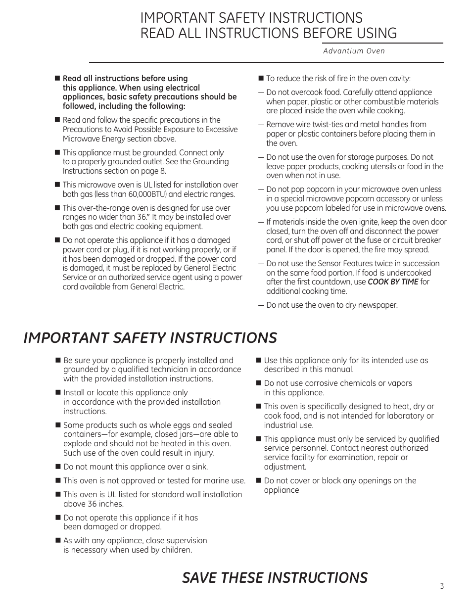 Save these instructions, Important safety instructions | GE ZSA2201 User Manual | Page 3 / 80