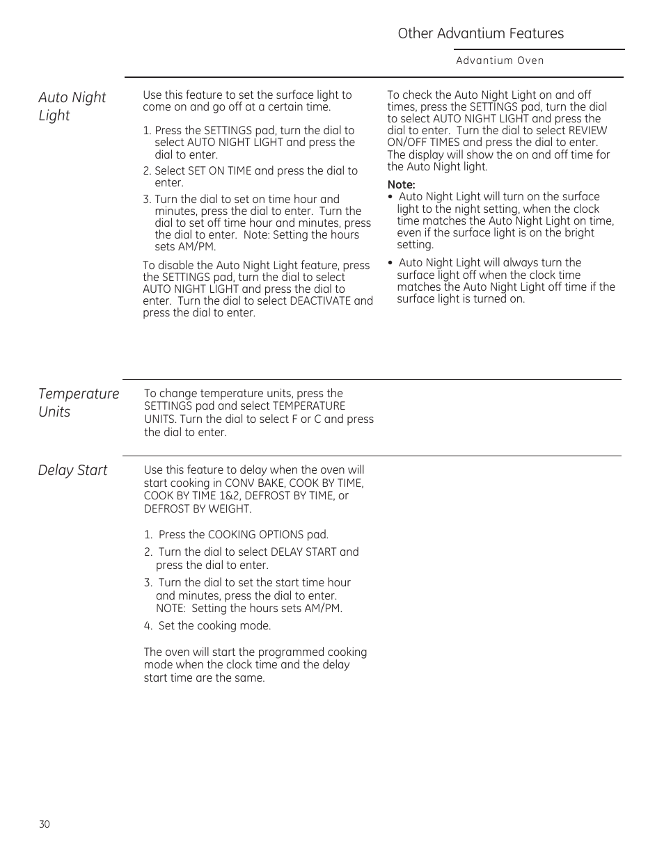 Other advantium features, Auto night light temperature units, Delay start | GE ZSA2201 User Manual | Page 30 / 80