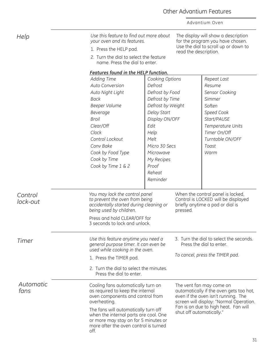 Help, Other advantium features, Timer | Automatic fans, Control lock-out | GE ZSA2201 User Manual | Page 31 / 80