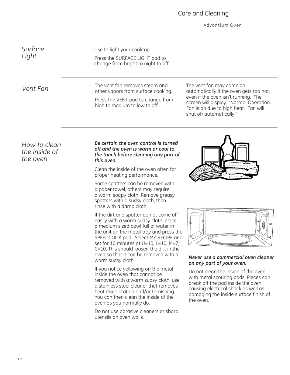 Care and cleaning, How to clean the inside of the oven, Surface light | Vent fan | GE ZSA2201 User Manual | Page 32 / 80