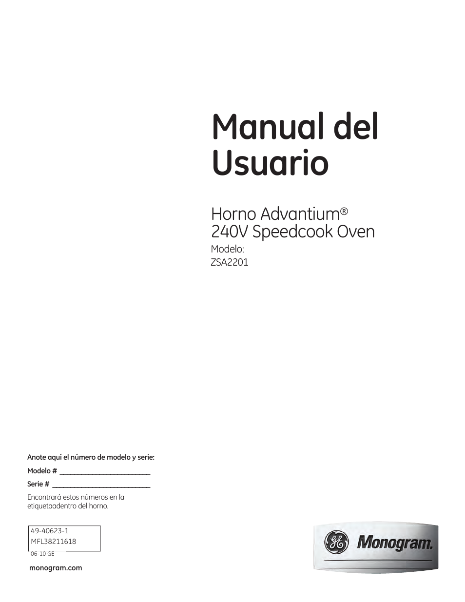 Manual del usuario, Horno advantium, 240v speedcook oven | GE ZSA2201 User Manual | Page 41 / 80
