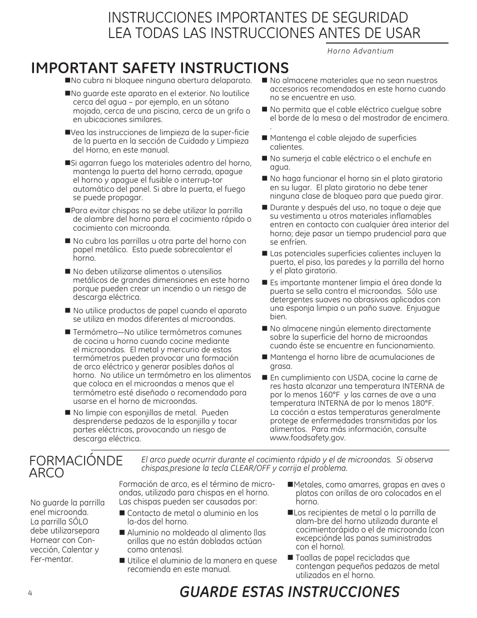 Guarde estas instrucciones, Important safety instructions, Formaciónde arco | GE ZSA2201 User Manual | Page 44 / 80