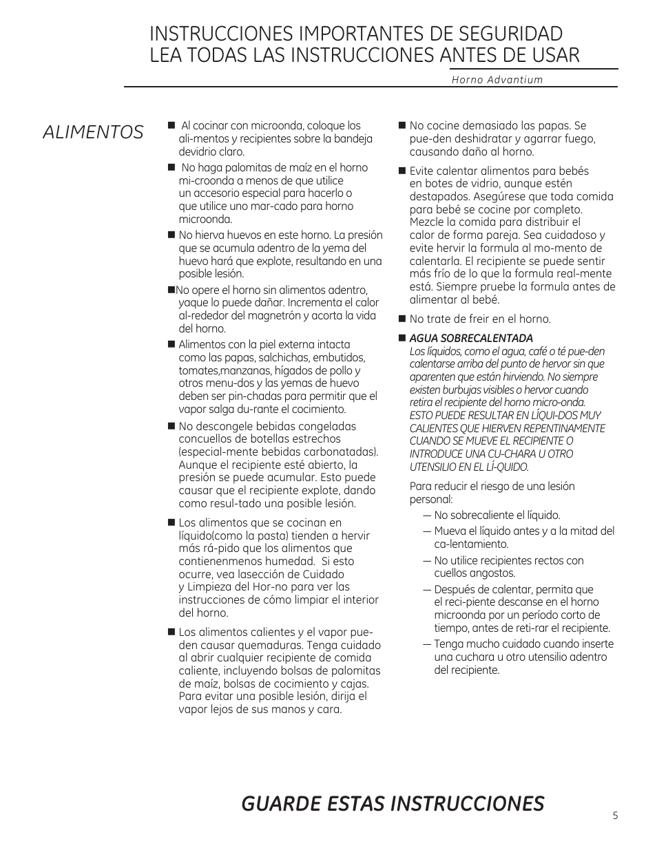 Guarde estas instrucciones, Alimentos | GE ZSA2201 User Manual | Page 45 / 80