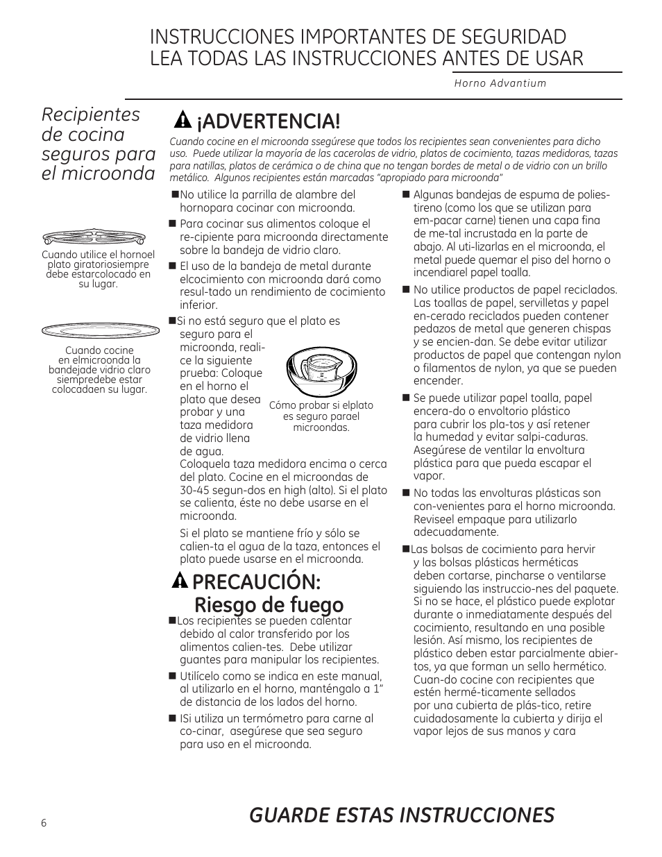 Guarde estas instrucciones ¡advertencia, Precaución: riesgo de fuego, Recipientes de cocina seguros para el microonda | GE ZSA2201 User Manual | Page 46 / 80