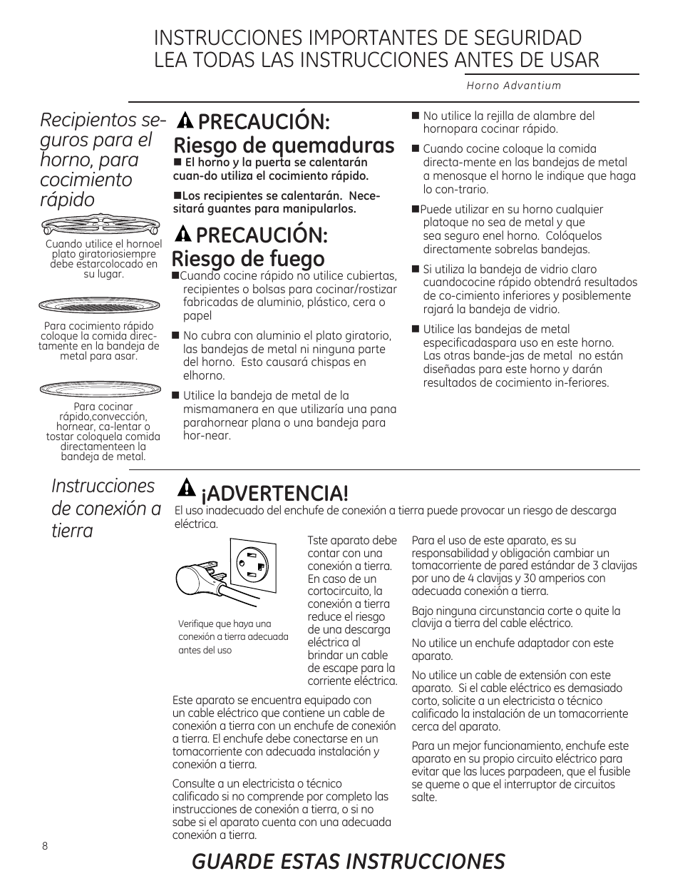 Precaución: riesgo de quemaduras, Precaución: riesgo de fuego, Advertencia | Instrucciones de conexión a tierra | GE ZSA2201 User Manual | Page 48 / 80