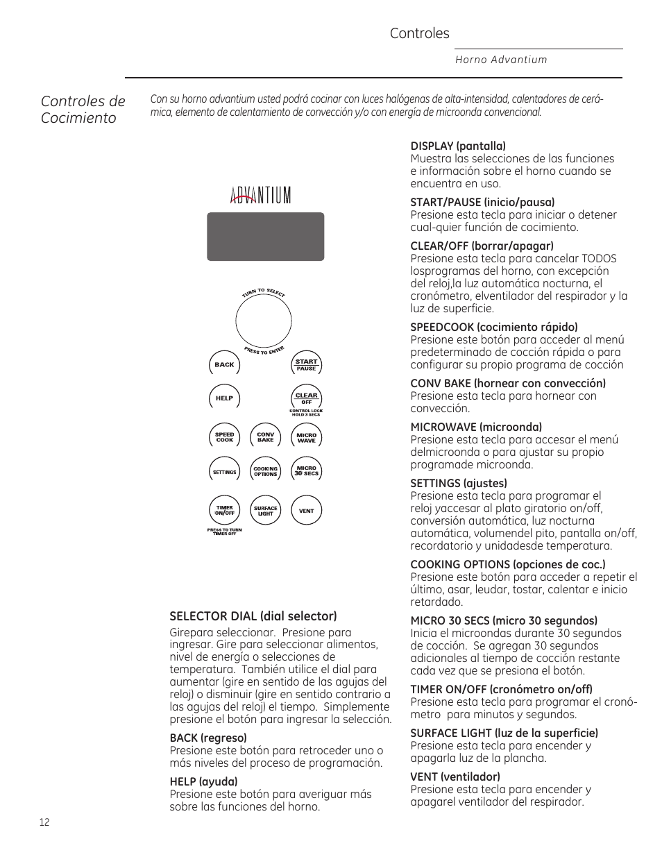 Controles de cocimiento, Controles, Selector dial (dial selector) | GE ZSA2201 User Manual | Page 52 / 80