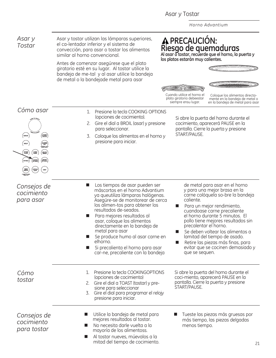 Precaución: riesgo de quemaduras, Asar y tostar, Cómo asar | Consejos de cocimiento para asar cómo tostar, Consejos de cocimiento para tostar | GE ZSA2201 User Manual | Page 61 / 80